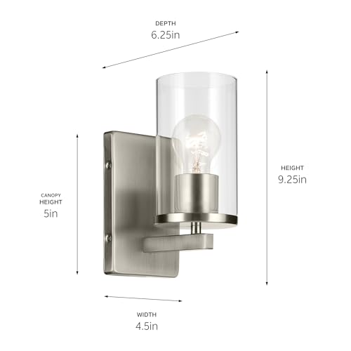 Image of Kichler Crosby 4.5 inch 1-Light Wall Sconce Bathroom Light Fixture with Clear Glass in Brushed Nickel for Bathroom, Powder Room, Hallway, Kitchen, Bedroom (4.5 inch x 9.25 inch), 45495NICLR