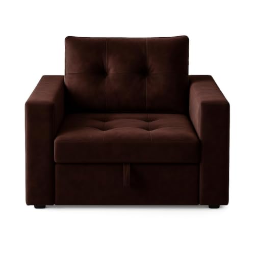 Image of FURNY Tressa 1 Seater Fabric Pull-Out Sofa Cum Bed (Dark Brown) - Premium Velvet Finish - Durable Comfort - Ideal for Living Room, Bedroom