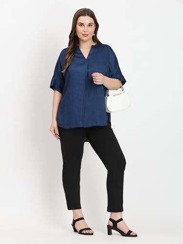 Image of SINDOORI Relaxed Fit Tops for Women Plus Size Solid Printed Mandarin Collar, Band Collar, V-Neck Top, Half Sleeve Loose Fit