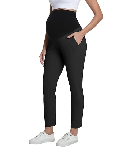 Foucome Maternity Pants Over Belly Comfy Stretchy 7/8 Ankle Pregnancy Golf Pants Business Casual Dressy Work Slacks Black M