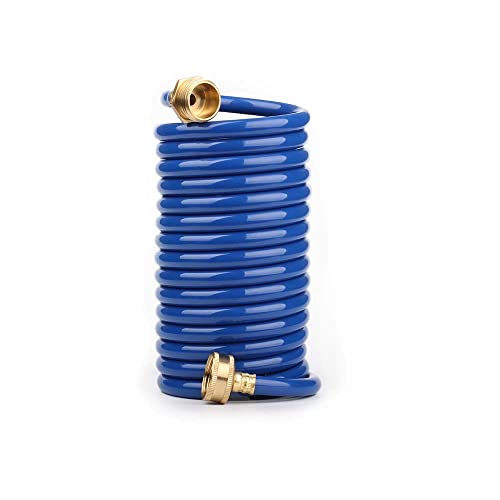 FangFarm Heavy-Duty EVA Coil Garden Hose with GHT Solid Brass Fittings, Water Hose with Brass Connectors, for Garden Lawn Watering, Car Washing (15FT, Blue)