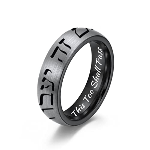 Hebrew Ring Set Frosting 6mm Tungsten Carbide Ring This Too Shall Pass Outer Silver & Inner Black Dome Inside High Polished Silver Wedding Band Comfort Fit Size 6-12
