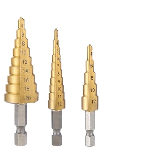 GUTUYEHKEA Broca escalonada de Alta Velocidad con Recubrimiento Titanio 4-32 mm y 4-20, Acero rápido, for taladrar Metal Madera. Herramienta perforación cónica(3pc 3-12 4-12 4-20)