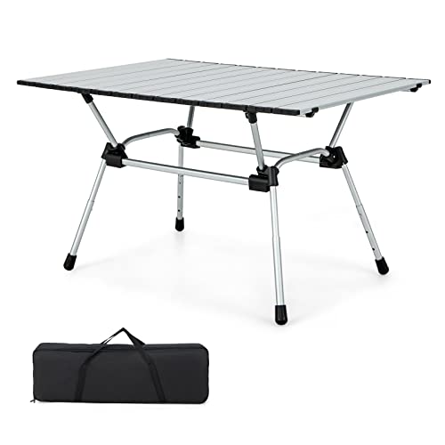 COSTWAY Aluminum Camping Table, 4-Level Adjustable Height Roll Up Picnic Table With Carrying Bag, Portable Folding Outdoor Dining Table for Beach Hiking Fishing BBQ (Silver)