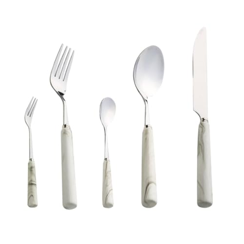Sosoport Juego de Cubiertos de Acero Inoxidable y Cerámica Diseño Liso y Resistente al Óxido, Set de 5 Piezas para Cenas y Viajes Cuchillo, Tenedor y Cuchara