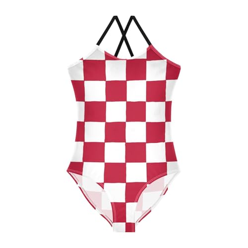 Image of Black and White Chess Girls One Piece Swimsuits Board Marble Tile Sport Halter Swimwear Beach Bathing Suit 3T