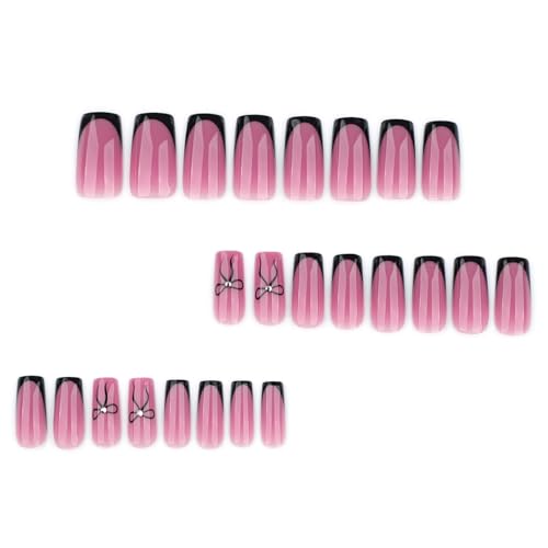 Image of Black French Tip Press on Nails Bow Fake Nails Medium Square False Nail Nude Glossy Full Cover Stick on Nail for Women DIY Decoration 24Pcs