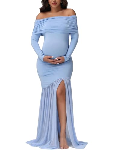 Vestido de maternidad genérico con hombros descubiertos y manga larga de malla – Vestido elegante y ajustado para eventos de embarazo, 5, L