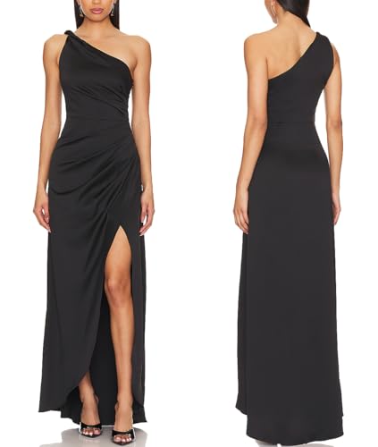 Capuffy Women's Sexy One Shoulder Long Formal Dress Ruched Waist High Split Cocktail Wedding Guest Party Maxi Dress 02(Black,M)