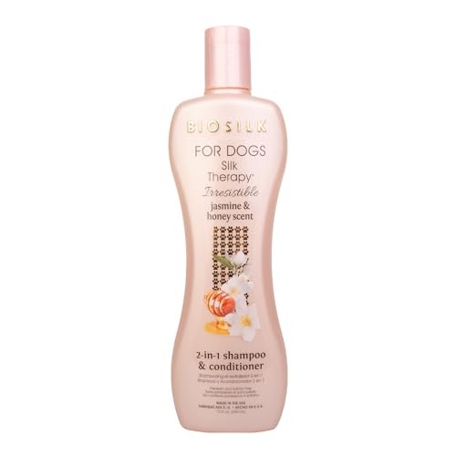 BioSilk for Dogs Silk Therapy Irresistible 2-in-1 Shampoo and Conditioner Jasmine and Honey Scent Hydrolyzed Silk Proteins Paraben Free pH Balanced for Dogs Safe 8 Weeks+ 12 fl oz