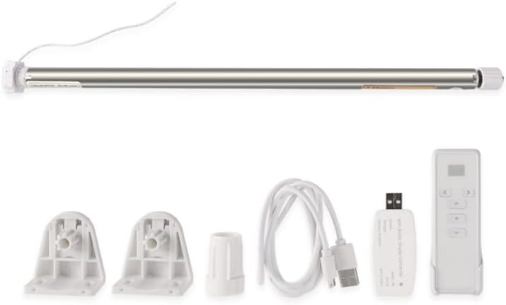 Image showing the SIXIN tubular motor, remote control, USB charging cable, WiFi dongle, and mounting brackets.