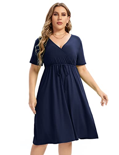 Image of ShopWonder Plus Size Dress Women's V Neck A-Line Knee Length Wrap Swing Dresses Plus Size A Line Party Mini Dress
