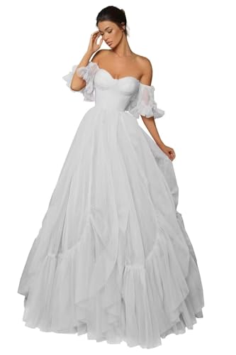 A-line Ruffled Short Sleeve Tulle Prom Dress for Women, Sweetheart Formal Gown Off The Shoulder Long Party Dress