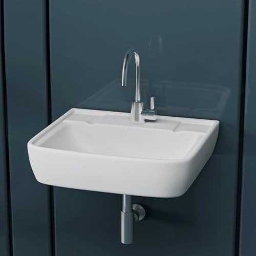 Image of LUXART Wall Mount Ceramic Wash Basin - Wall Hung Designer Vessel Sink - Bathroom Washbasin over counter For Hotel Home Living Room - Glossy Finish (15.5x13.5 Inch, White)