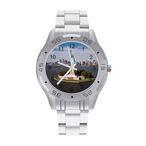 BVKWNTSA Sleek Business Montre à Quartz analogique avec Bracelet en Acier Motif Statue de la Liberté à New York pour Homme – Élégante Montre analogique à Quartz, légère et Confortable