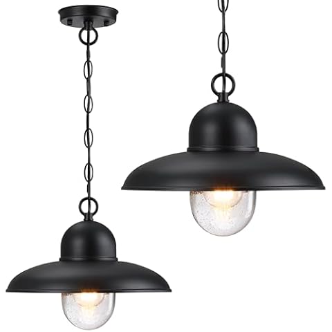 YKLITG 12" Outdoor Pendant Light Fixture,Farmhouse Exterior Hanging Lantern with Adjustable Chain, Black Ceiling Mount Light with Bubble Glass for Front Door,Entry,and Gazebo,DD064-1-BK Cover