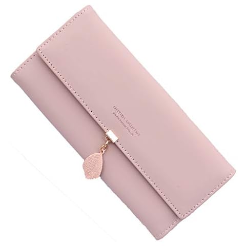 Ladies Purse PU Leather Women's Wallet with Multiple Card Slots Ladies Long Wallet Card Holders Phone Pocket  Leaf Pendant  Zipper Coin Purse (Pink) Cover
