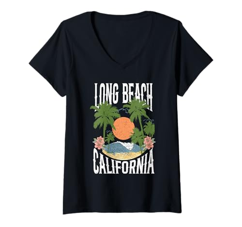 Femme Ambiance de Plage Tropicale Vintage rétro de Californie à Long Beach T-Shirt avec Col en V