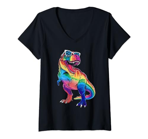 Femme Dinosaure drôle LGBT LGBTQIA+ Mois de la fierté T-Shirt avec Col en V