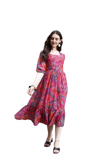 SMOWKLY Women's Georgette Floral Printed Western Dress || Half Sl...
