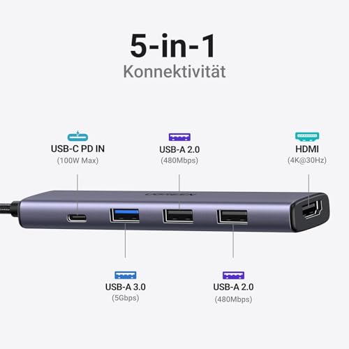 UGREEN Revodok 105 USB C Hub PD100W, 4K HDMI, 3*USB A Datenports USB C Adapter Multiportadapter kompatibel mit iPhone 17/16, Galaxy S24, Surface, MacBook Pro/Air, iPad Pro/Air, Steam Deck usw.