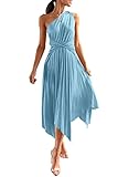 PRETTYGARDEN Women's Summer Long Satin Dress One Shoulder Sleeveless Ruched Twist Flowy Maxi Dresses (Light Blue,Small)