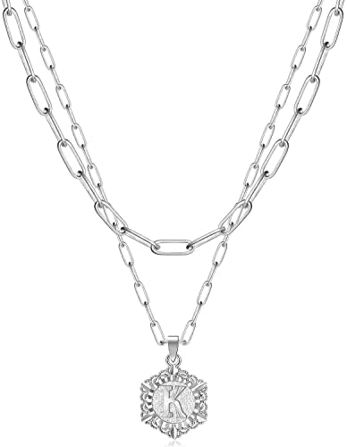 KissYan Initial Necklaces for Women, 14K Gold Plated Hexagon Letter Pendant Silver Chain Dainty Layered White Gold Paperclip Link Adjustable Capital A-Z Choker Necklace Trendy Jewelry Gifts