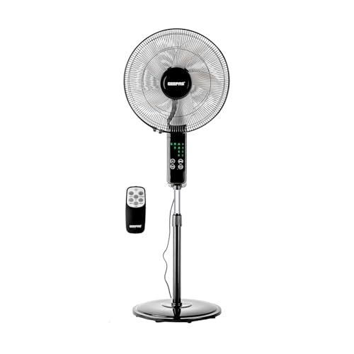 GEEPAS 16’’ Pedestal Fan with Remote Control – 60W Powerful Free-Standing Oscillating Cooling Fan – Height Adjustable, 7.5 Hour Timer - 3-Speed, 5-Blade Air Cooling Floor Fan Home Office, Black