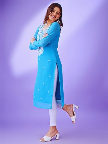 Image of HESVI Women's Georgette White Lakhnavi Chikankari Kurti with Intricate Embroidery Work