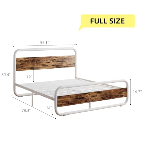 Image of Full Size Bed Frame, Wood Headboard and Footboard, LED Lights, White | Metal Platform with Heavy Duty Metal Slats Support /12 in Under-Bed Storage /Noise-Free /No Box Spring Needed /Easy Assembly
