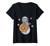 Femme Chat de dessin animé astronaute dans l'espace avec donut T-Shirt avec Col en V