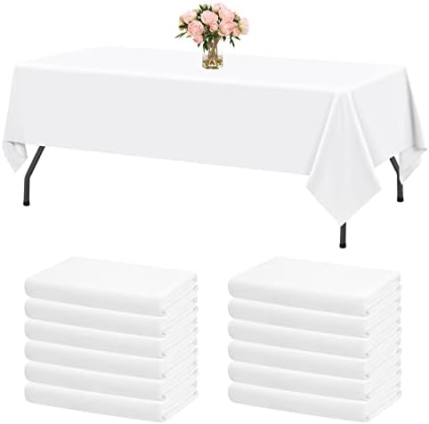 Teruntrue 12 Packs White Tablecloth for 6 Foot Rectangle Tables,60 x 102 inch Rectangle Tableclothes,Washable Long Table Cover Polyester Fabric for Party,Wedding, Banquet,Buffet Restaurant