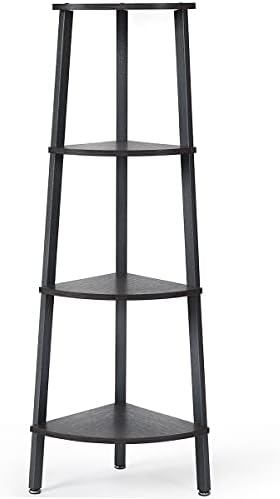 CASART 4-Tier Freestanding Corner Shelves, Metal Frame Wooden Shelving Unit, Industrial Style Bookshelf for Home, Office and Living Room (Grey)