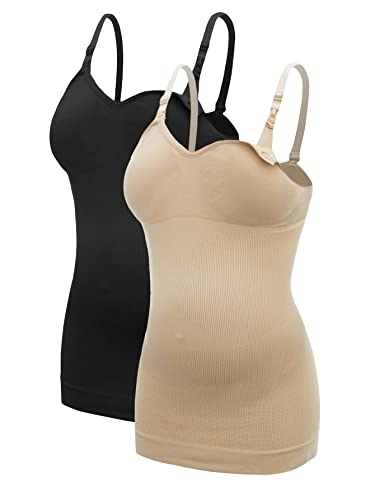 Oyoangle Women's Maternity 2 Packs Solid Seamless Nursing Cami Tops Pregnancy Camisole Black And Khaki Xl #TOP9