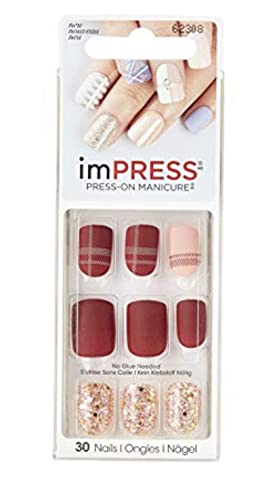 Kiss imPress Press-On Manicure Matte Burgundy Nails 62308 Next Wave (Plaid Design)