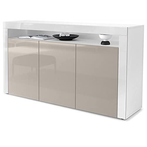 Vladon Buffet Valencia, Commode avec 3 Portes et 1 Compartiment Ouvert, Blanc Mat/Gris Sable Haute Brillance/Blanc Haute Brillance (155 x 92 x 40 cm)