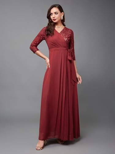 Image of Miss Chase Women's Floral Printed Relaxed Fit V-Neck 3 /4th Sleeve Maxi Dress