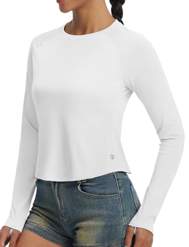baleaf Womens UPF 50+ Long Sleeve Sun Shirts Crop Rash Guard UV Workout Tops SPF Slim Fit Lightweight Athletic Hiking White S