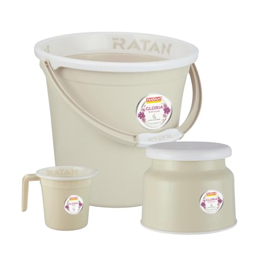 Image of RATAN PLASTICWARE Plastic Bathroom Set of 3 Pieces Combo Pack Gloria Plain 18 Liters Bucket + Nova Stool Patla 107 + Gloria Plain Bath Mug 1 Liter Color Twist Beige