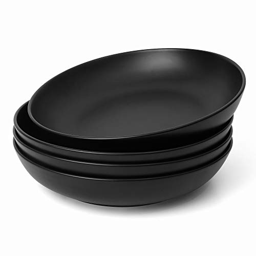 iWD Large Pasta Serving Bowls - Wide Shallow Salad Soup Bowl Set - Dishwasher Microwave Safe - Scratch Resistant - Durable Porcelain - 30 Ounces - Set of 4 Matte Black