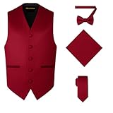 Oliver George 4pc Men's Solid Formal Suit Waistcoat Tuxedo Dress Vest Necktie Bowtie Handkerchief Set for Suit or Tuxedo Burgundy Medium