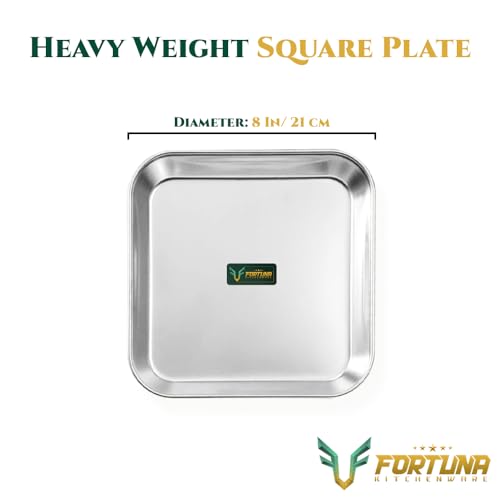 Image of Stainless Steel Plates Set of 6 | Square Plates | Breakfast /Lunch /Dinner Plates Set of 6, Diameter: 8 Inches (Plain) (8 Inches, Solid)