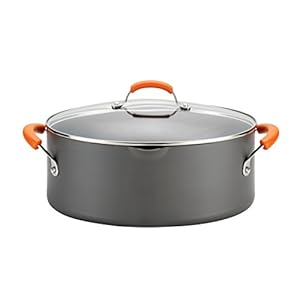Rachael Ray Hard-Anodized Nonstick Oval Pasta Pot / Stockpot with Lid and Pour Spout, 8-Quart, Gray with Orange Handles