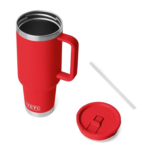 Image of YETI Rambler 40 oz Travel Mug with Flip Straw Lid - Stainless Steel, Vacuum Insulated, Leakproof, Cup Holder Friendly, Rescue Red