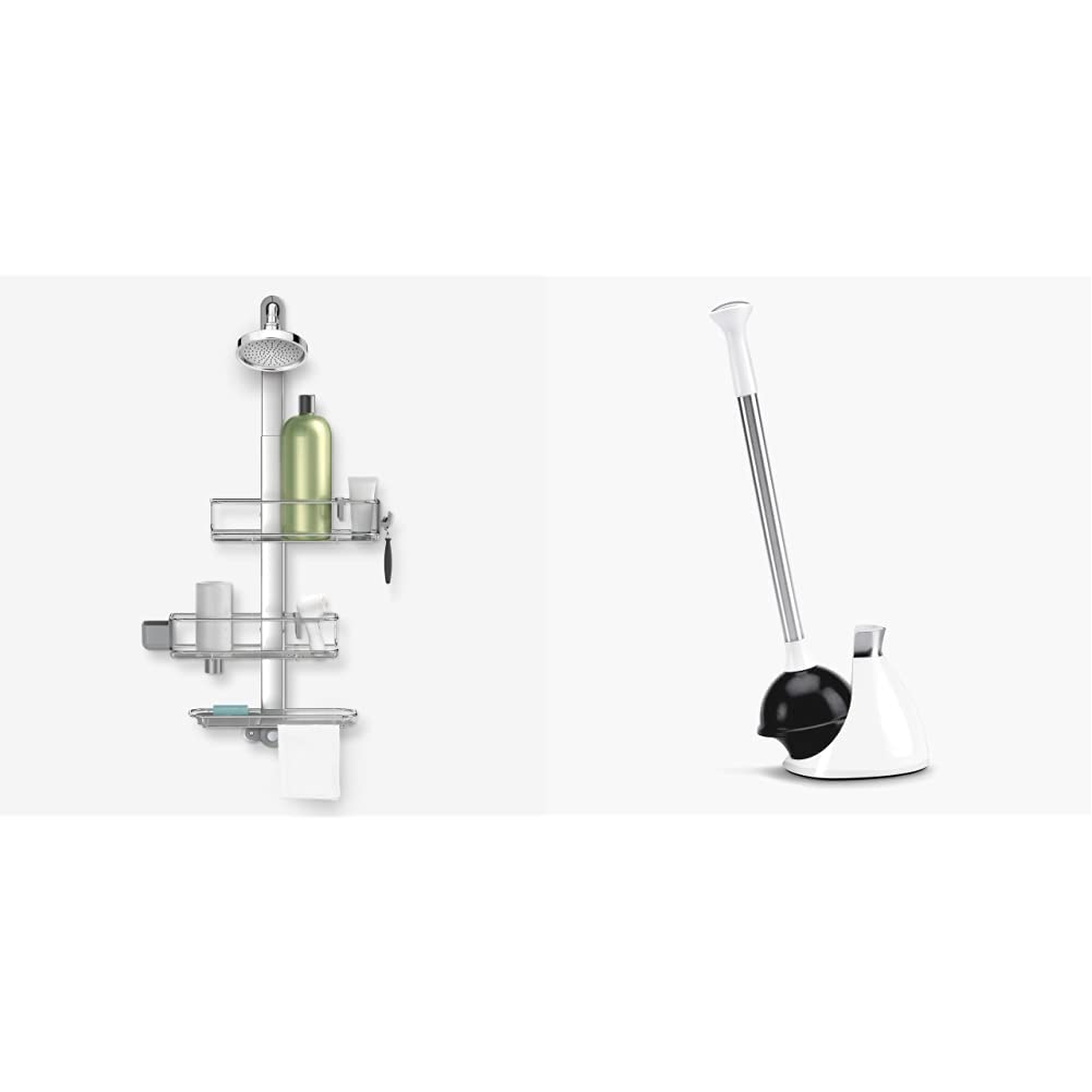 simplehuman Adjustable and Extendable Shower Caddy Plus Stainless Steel and Anodized Aluminum Toilet Plunger and Caddy Stainless Steel