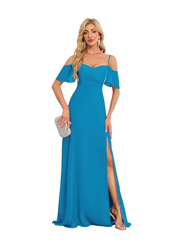 Image of A Line Chiffon Bridesmaid Dresses with Slit Off The Shoulder Formal Evening Gowns US22W HGR93 Blue