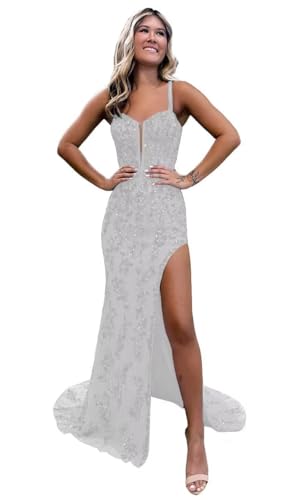 Image of Floral Sequin Prom Dresses Tulle 2026 Mermaid Long Corset Formal Evening Gowns with Slit