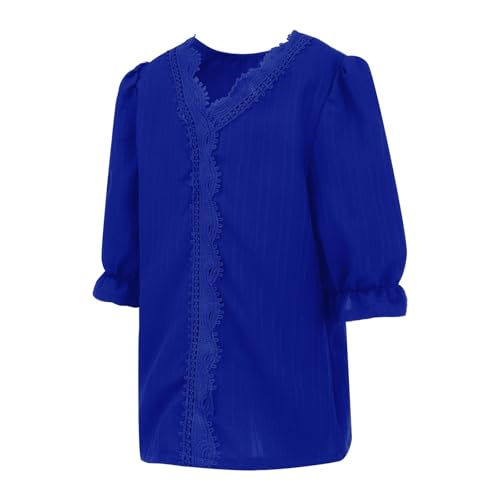 Girls Puff Short Sleeve Shirts Plain Knit Ribbed Embroidery V Neck Shirts Tops Teen Kids Summer Cute Lace Elegant Tops3