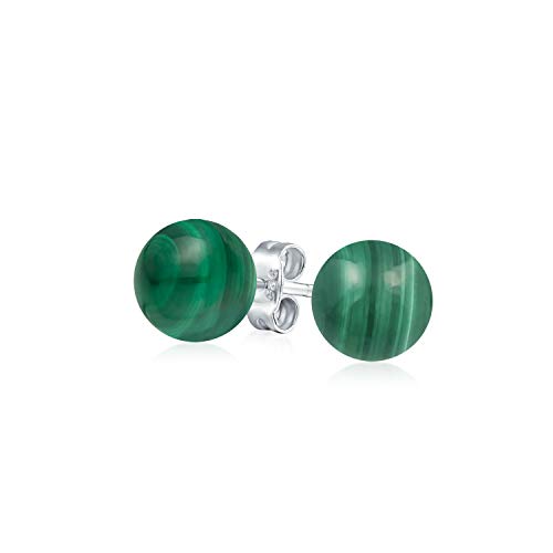 Simple Gemstone Green Malachite Round Ball Stud Earrings For Women .925 Sterling Silver 6MM