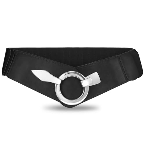VOMELLI Breiter Elastischer Taillengürtel Damen - Vintage Stretchgürtel Hüftgürtel mit Silberschnalle für Kleid Schwarz L VOMELLI Breiter Elastischer Taillengürtel Damen - Vintage Stretchgürtel Hüftgürtel mit Silberschnalle für Kleid Schwarz L